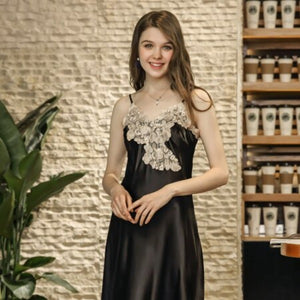 Women's Silk Satin Floral Neck Spaghetti Strap Long Night Gown 