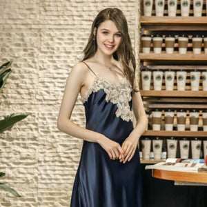 Women's Silk Satin Floral Neck Spaghetti Strap Long Night Gown 