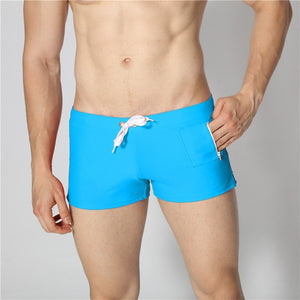 Men's Low Elastic Waist Plain Quick Dry Zipper Pocket Swimwear Short