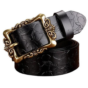 Women's Leather Floral Printed Square Alloy Pin Buckle Closure Belts