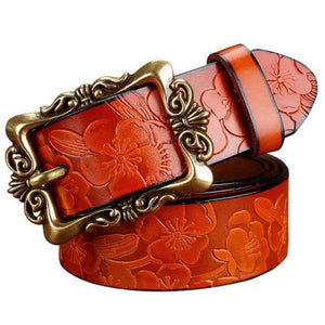 Women's Leather Floral Printed Square Alloy Pin Buckle Closure Belts