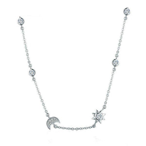 Women's 100% 925 Sterling Silver Moon Star Cubic Zircon Necklace