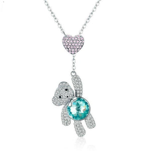 Women's 100% 925 Sterling Silver Heart Bear Zircon Pendant Necklace