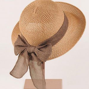 Women's Round Straw Linen Cloth Bowknot Large Brim Sun Hats