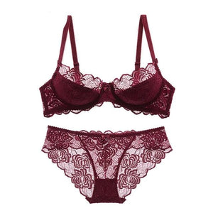 Women's Lace Embroidery Push-Up Bra With See Through Panties Set