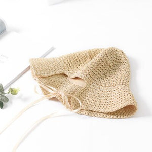 Women's Foldable Straw Crochet Hollow Dome Ribbon Tie Sun Hats