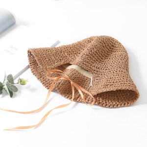 Women's Foldable Straw Crochet Hollow Dome Ribbon Tie Sun Hats
