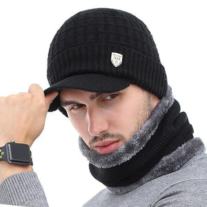 Men's Cloth Linen Patchwork Hat With Neck Fur Scarf Winter Wear Set