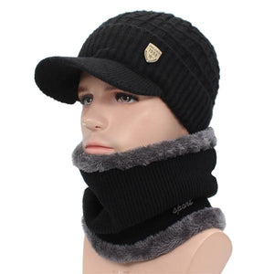 Men's Soft Plush Linen Fur Pattern Hat With Knitted Scarf Winter Set