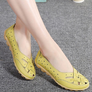 Women's Round Toe Leather Slit Patchwork Flat Slip-On Casual Shoes