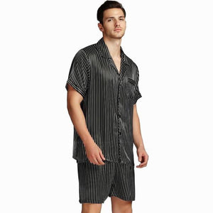 Men's Turn-down Collar Striped Button Shirt With Flared Short Set