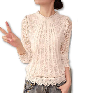 Women's Round Neck Long Sleeve Floral Lace Pattern Casual Blouses