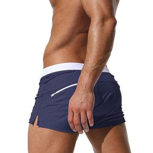 Men's Low Elastic Waist Plain Quick Dry Zipper Pocket Swimwear Short