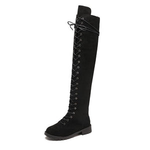 Women's Leather Round Toe Cross-Tied Over The Knee Flat Boots