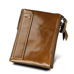 Men's Genuine Leather Bifold Double Zipper Closure Card Holder Wallet