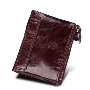 Men's Genuine Leather Bifold Double Zipper Closure Card Holder Wallet
