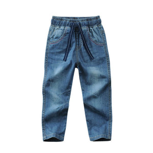 Kid's Elastic Waist Drawstring Closure Side Pockets Denim Jeans