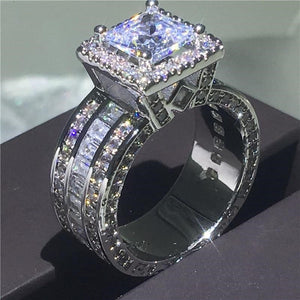 Women's 100% 925 Sterling Silver Square Zircon Engagement Stud Ring