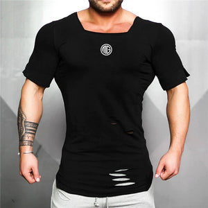 Men's Square Neck Short Sleeve Hole Ripped Stretchy Sportswear T-Shirt