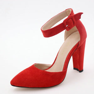 Women's Pointed Toe Suede High Square Heel Pin Buckle Ankle Shoes