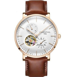 Men's Round Stainless Steel Leather Band Push Button Watch