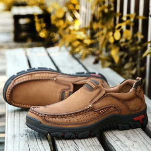 Men's Round Toe Genuine Leather Patchwork Slip-On Casual Shoes