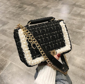 Women's Square Woolen Pearl Flap Chain Shoulder Tote Handbags