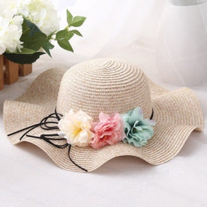 Women's Round Straw Linen Floral Strap Wave Wide Brim Sun Hats