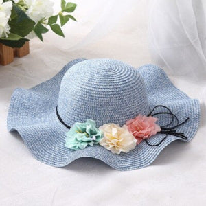 Women's Round Straw Linen Floral Strap Wave Wide Brim Sun Hats