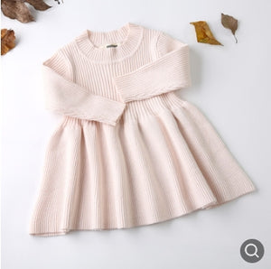 Kid's Round Neck Long Sleeve Plain Above Knee Knitted Dress