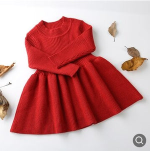 Kid's Round Neck Long Sleeve Plain Above Knee Knitted Dress