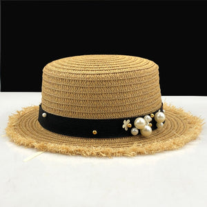 Women's Round Straw Striped Pearl Strap Summer Wear Brim Hats