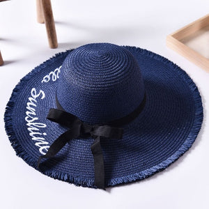 Women's Round Straw Letter Embroidery Summer Wear Brim Hats