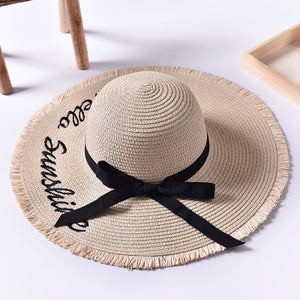 Women's Round Straw Letter Embroidery Summer Wear Brim Hats