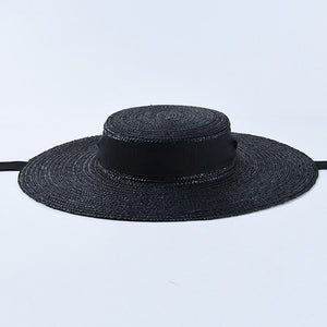 Women's Round Straw Linen Ribbon Tie Summer Wear Brim Hats