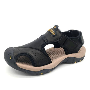 Men's Round Toe Plain Leather Strap Hook & Loop Closure Casual Sandals