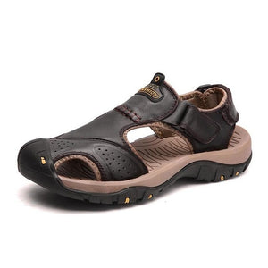 Men's Round Toe Plain Leather Strap Hook & Loop Closure Casual Sandals