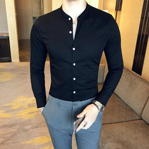 Men's Stand Collar Long Sleeve Plain Single Breasted Formal Shirt