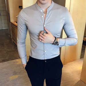 Men's Stand Collar Long Sleeve Plain Single Breasted Formal Shirt