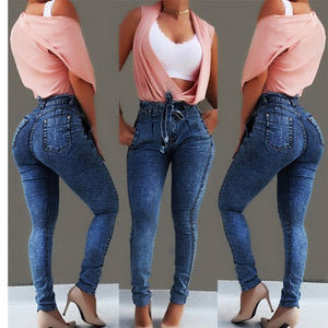 Women's High Waist Lace-Up Plain Button Zipper Pocket Denim Jeans