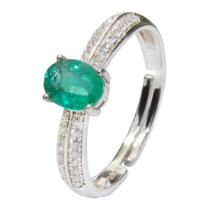 Women's 100% 925 Sterling Silver Oval Natural Emerald Prong Ring