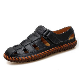 Men's Leather Slit Patchwork Hook & Loop Closure Sandals