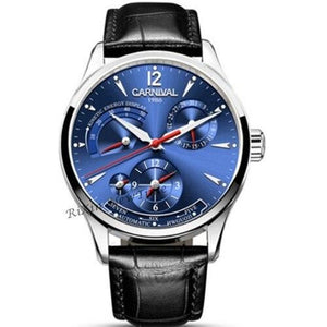 Men's Round Stainless Steel Leather Band Automatic Buckle Watch